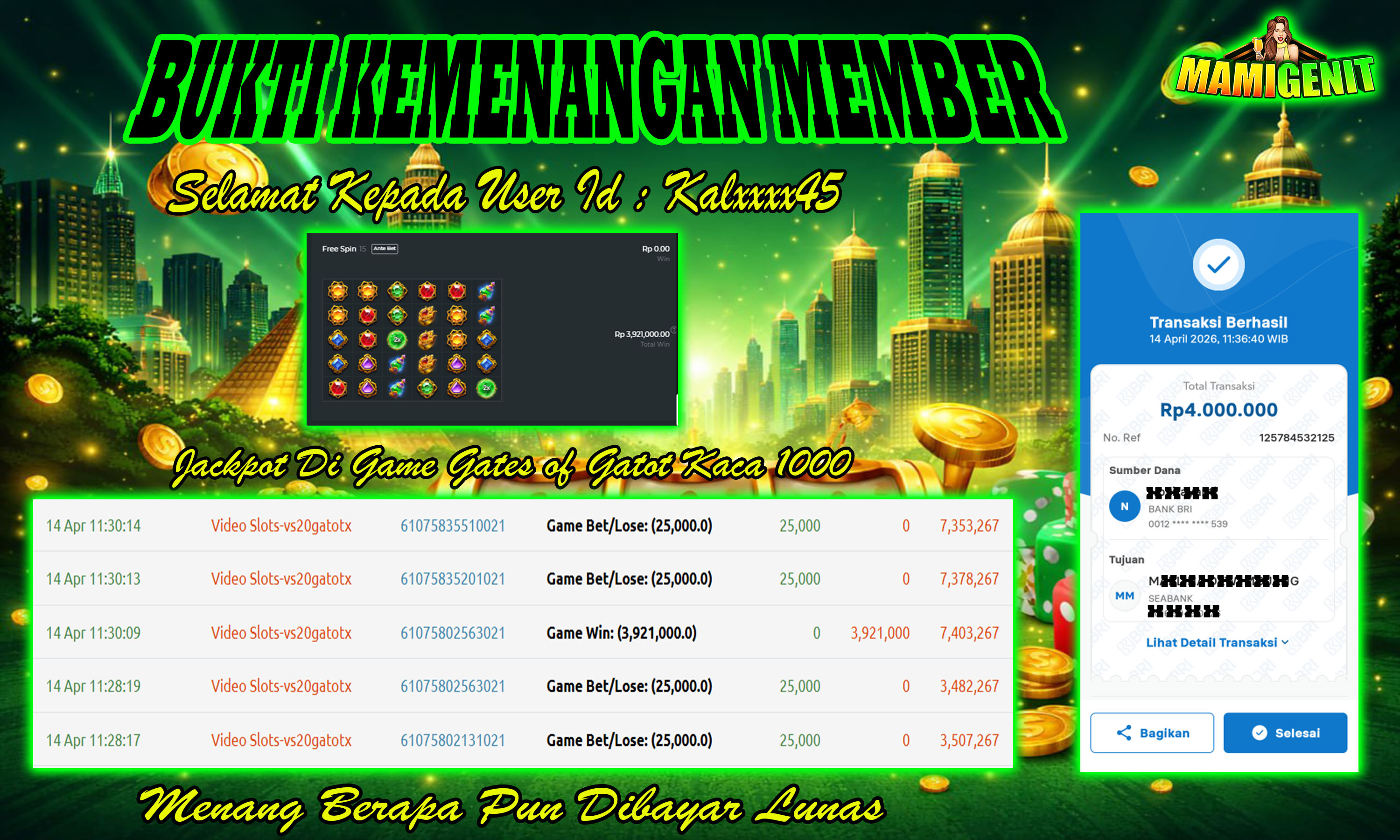 MAMIGENIT - JACKPOT DI SEBESAR RP.4,000,000,- DI GAME GATES OF GATOT KACA 1000